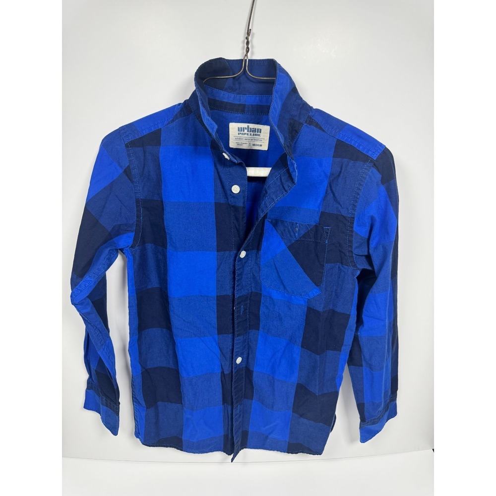 Urban Pipeline Shirt Boys Medium Navy Blue‎ Buffalo Plaid Long Sleeve Button Up